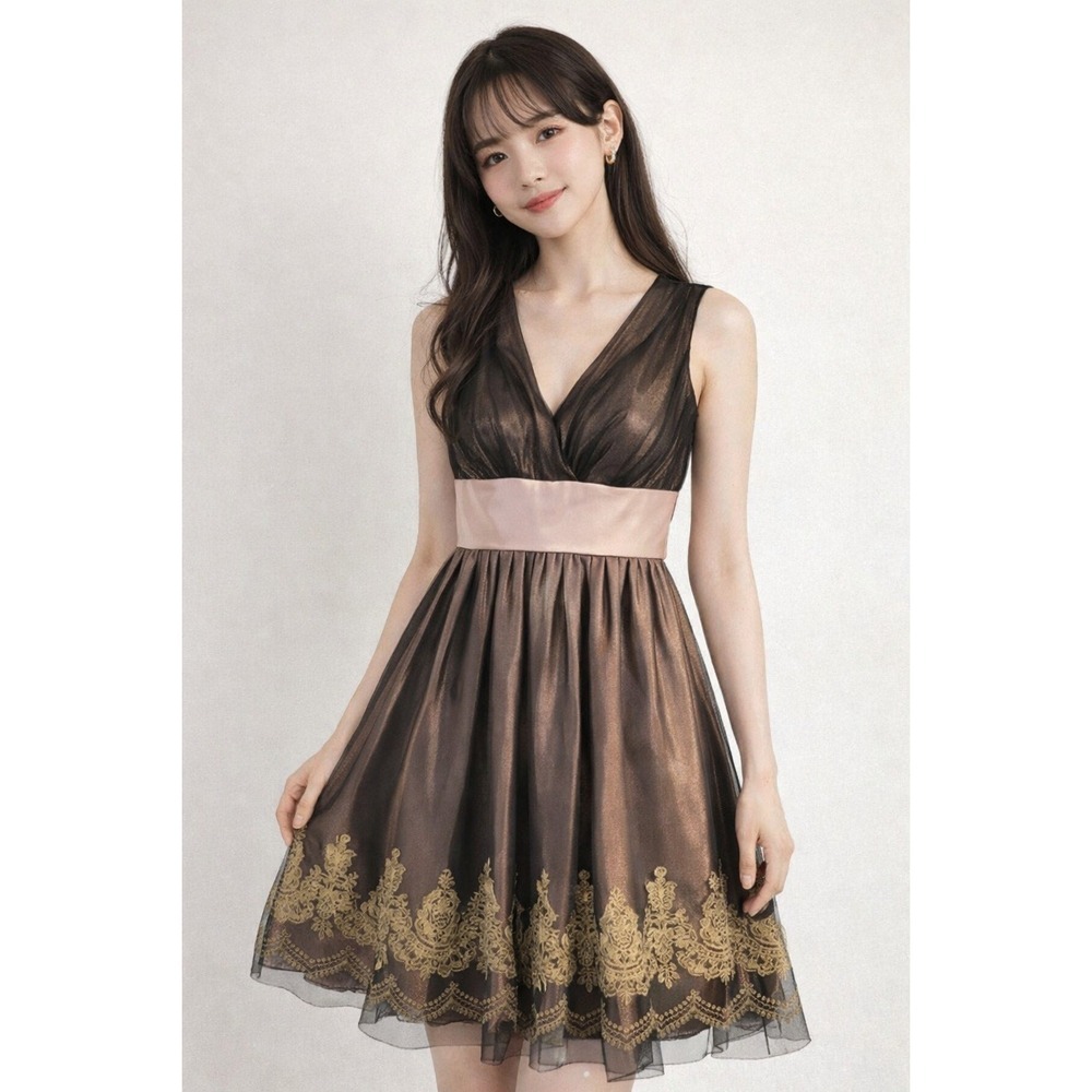 Night Way V Neck Sleeveless Dress Taupe Gold Lace Trim Midi Formal Party